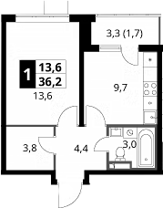 1-комн., 34.5 м², 23/24 этаж, ЖК «1-й Донской»