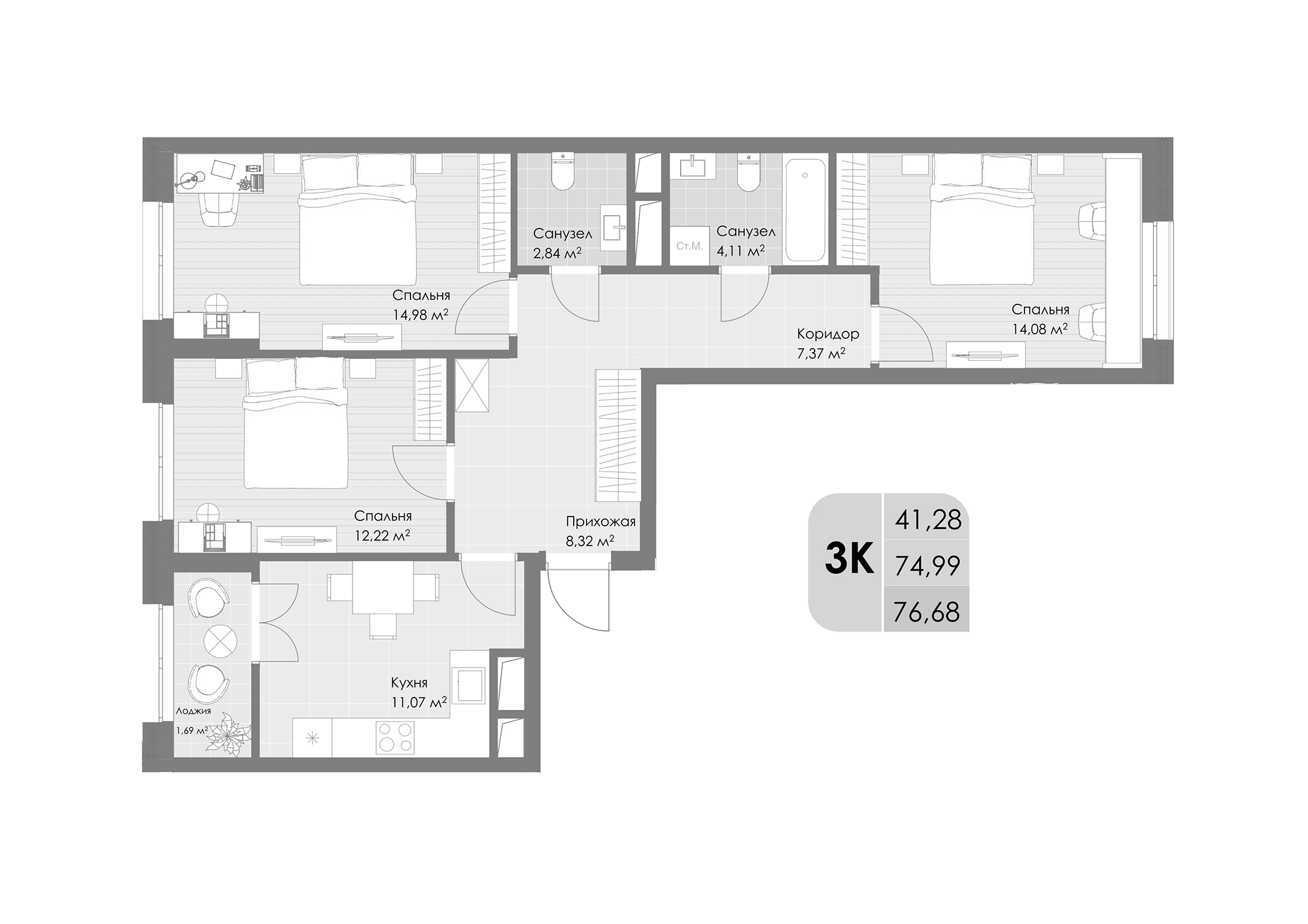 3-комн., 74.99 м², 19/30 этаж, ЖК «Дюна»