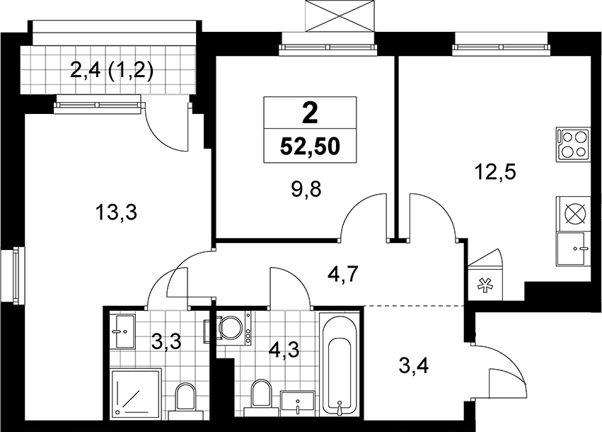 2-комн., 51.3 м², 13/15 этаж, ЖК «Прокшино»