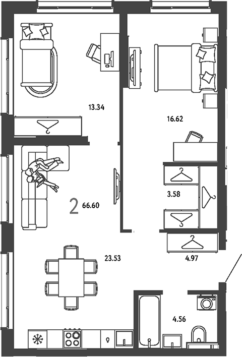 2-комн., 66.6 м², 5/25 этаж, ЖК «Страна.Парковая»