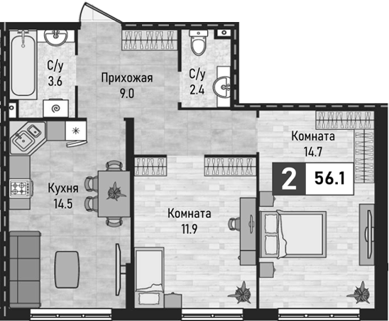 2-комн., 56.1 м², 1/10 этаж, ЖК «Живописный»