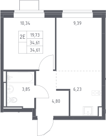 2-комн., 34.61 м², 9/12 этаж, ЖК «Богдановский лес»