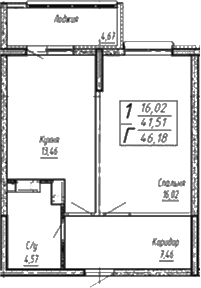 1-комн. квартира, 44.93 м² в ЖК Спутник — фото 3