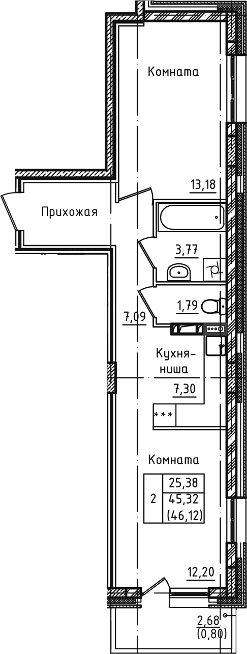 2-комн., 45.32 м², 2/5 этаж, ЖК «Зеленый город»