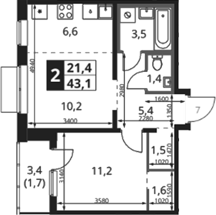 2-комн., 42.5 м², 7/8 этаж, ЖК «1-й Ясеневский»