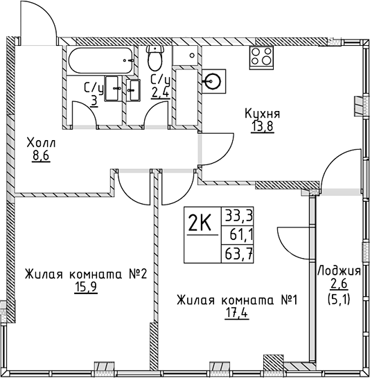 2-комн., 61.1 м², 17/19 этаж, ЖК «ВЭРИ на Миклухо-Маклая»