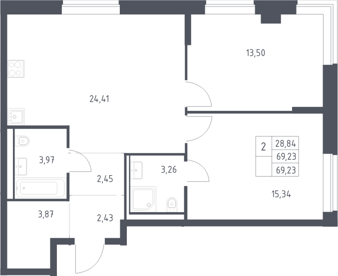 3-комн., 69.23 м², 8/12 этаж, ЖК «Литературный Квартал»