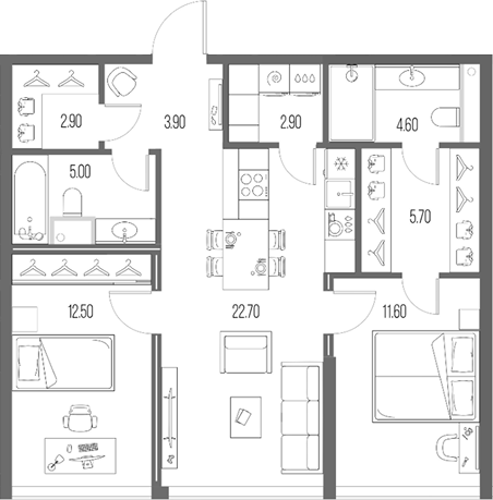 2-комн., 71.8 м², 7/24 этаж, ЖК «Северный Порт»