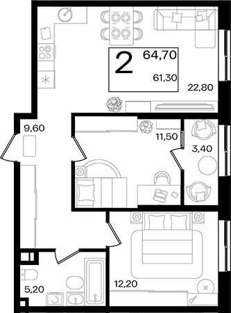 3-комн. квартира, 61.3 м² в ЖК Патрики — фото 2