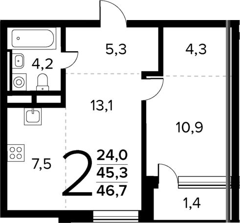 2-комн., 45.3 м², 9/12 этаж, ЖК «Новые Ватутинки Квартал у реки»