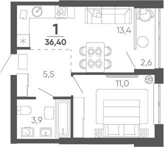 1-комн. квартира, 33.8 м² в ЖК Барса — фото 2