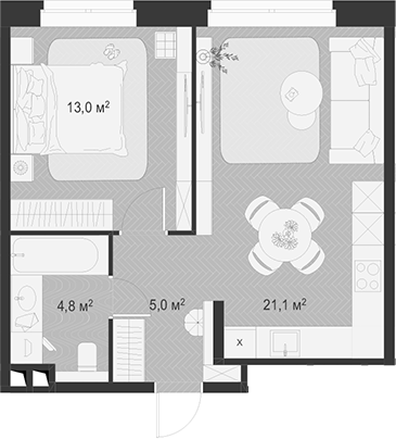 2-комн., 43.9 м², 5/18 этаж, ЖК «Гранд Комфорт»