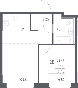2-комн., 37.13 м², 12/17 этаж, ЖК «Прибрежный Парк»