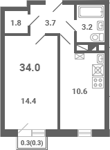 1-комн., 33.7 м², 4/4 этаж, ЖК «Южная Долина»