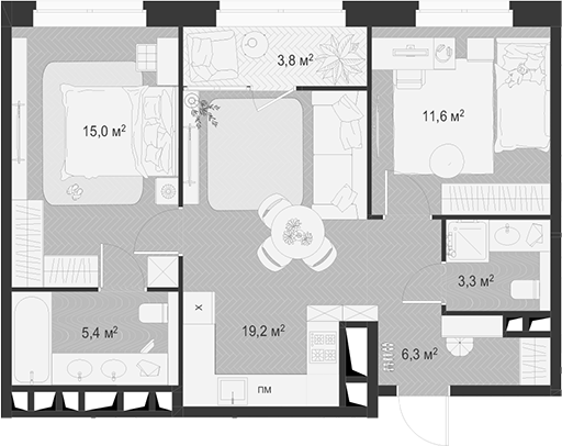 3-комн., 60.8 м², 13/18 этаж, ЖК «Гранд Комфорт»
