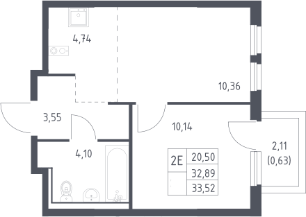 2-комн., 32.89 м², 10/17 этаж, ЖК «Пригород Лесное»