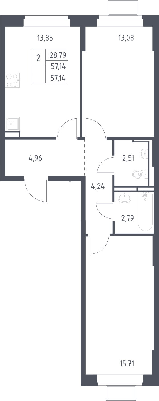 2-комн., 57.14 м², 11/12 этаж, ЖК «Новое Видное»