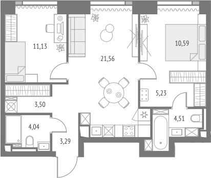 3-комн., 63.85 м², 40/46 этаж, ЖК «Апсайд Тауэрс»