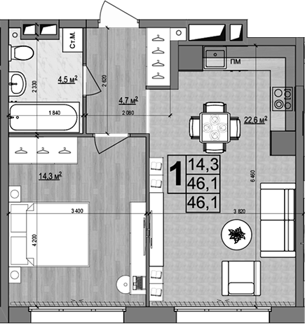 2-комн., 46.1 м², 2/18 этаж, ЖК «Гранд Комфорт»