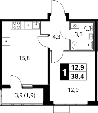1-комн., 36.5 м², 16/16 этаж, ЖК «1-й Шереметьевский»