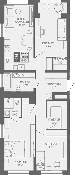 3-комн. Иначе в Молодежном