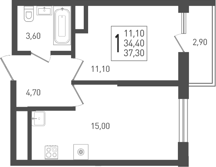 1-комн. квартира, 34.4 м² в ЖК ЖК «Кубанская Крепость» — фото 3