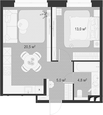 2-комн., 43.3 м², 2/18 этаж, ЖК «Гранд Комфорт»