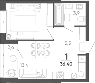 1-комн. квартира, 33.8 м² в ЖК Барса — фото 2
