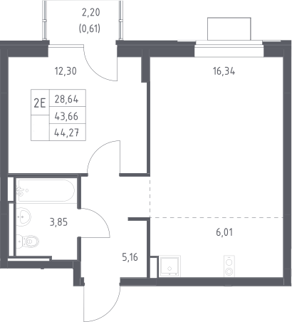 2-комн., 43.66 м², 12/12 этаж, ЖК «Богдановский лес»