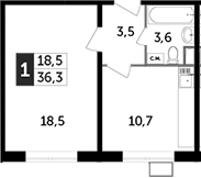 1-комн., 36.3 м², 12/23 этаж, ЖК «Южная Битца»