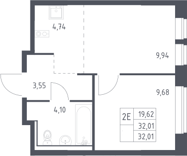 2-комн., 32.01 м², 2/17 этаж, ЖК «Пригород Лесное»