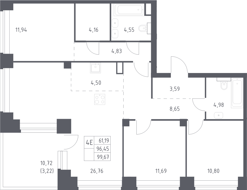 4+ комнаты, 96.45 м², 28/32 этаж, ЖК «НОВА»