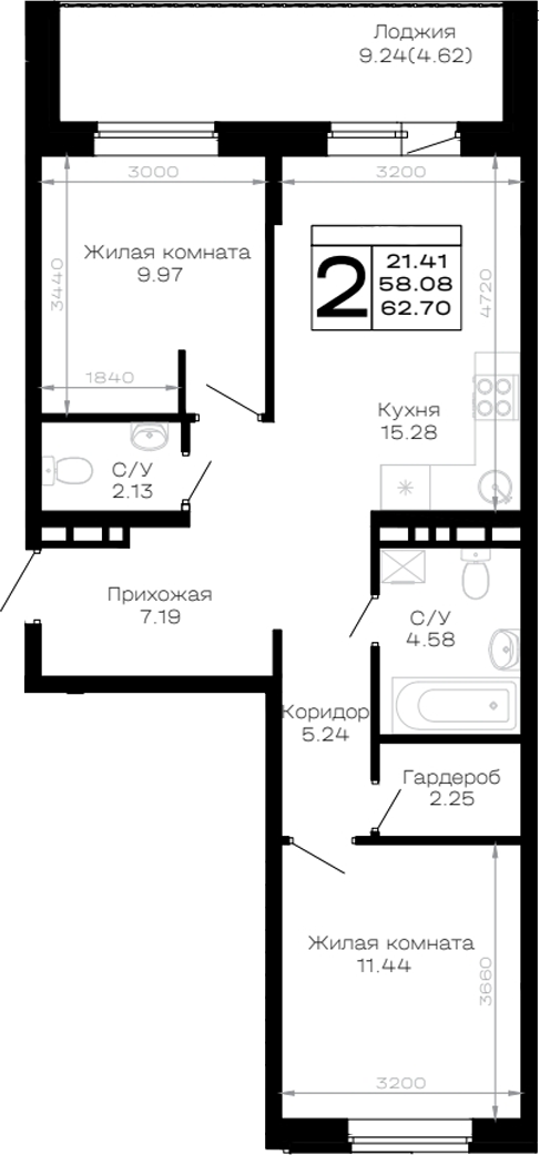 2-комн. квартира, 58.08 м² в ЖК Усадьба Гостагаевская — фото 2
