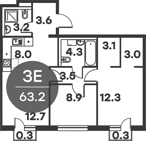 3-комн., 62.6 м², 4/6 этаж, ЖК «Равновесие»