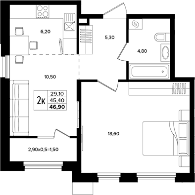 Продается 2-комн. квартира, 45.4 м²