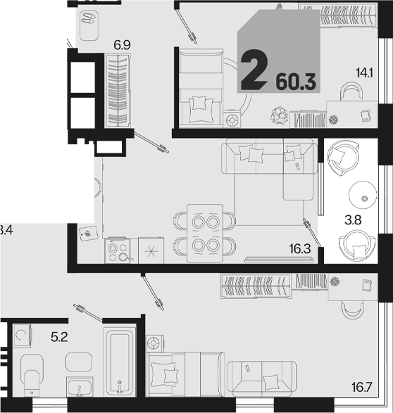3-комн. квартира, 56.5 м² в ЖК Первое место — фото 2