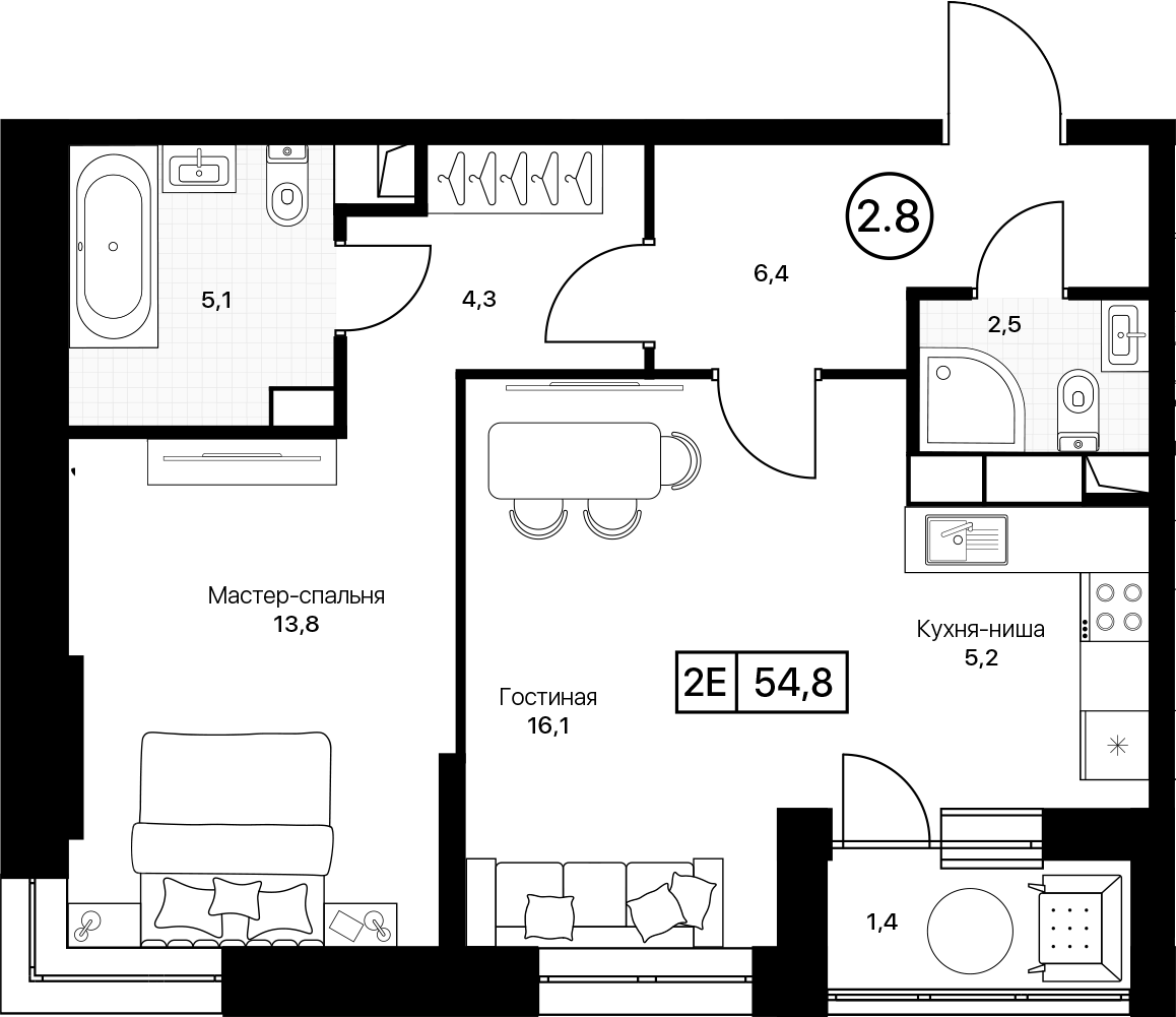 2-комн., 53.4 м², 5/17 этаж, ЖК «Пушкино Град»