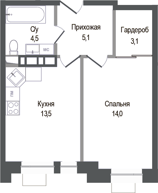 1-комн., 40.2 м², 3/8 этаж, ЖК «Киноквартал»