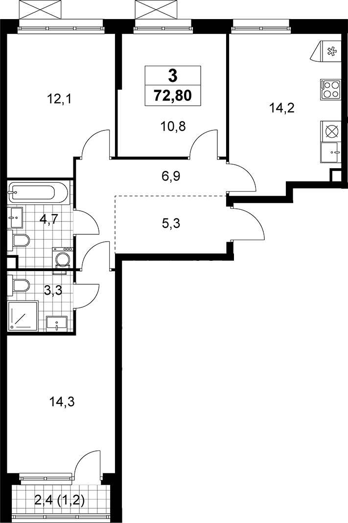 3-комн., 71.6 м², 3/13 этаж, ЖК «Прокшино»