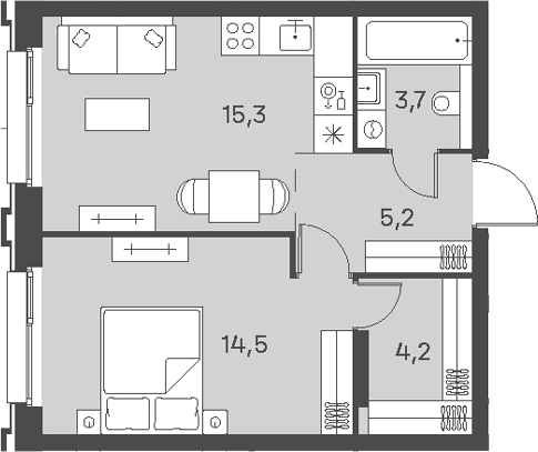 2-комн., 42.9 м², 3/21 этаж, ЖК «Портленд»