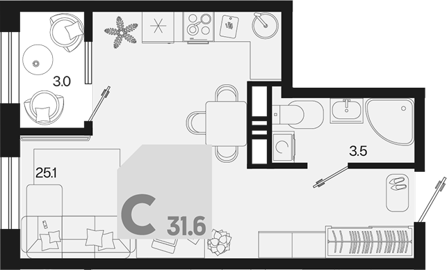 Студия квартира, 28.6 м² в ЖК Первое место — фото 2