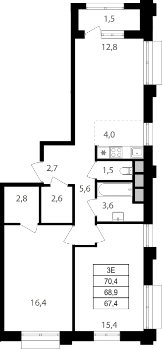 3-комн., 67.4 м², 4/9 этаж, ЖК «Михалковский»
