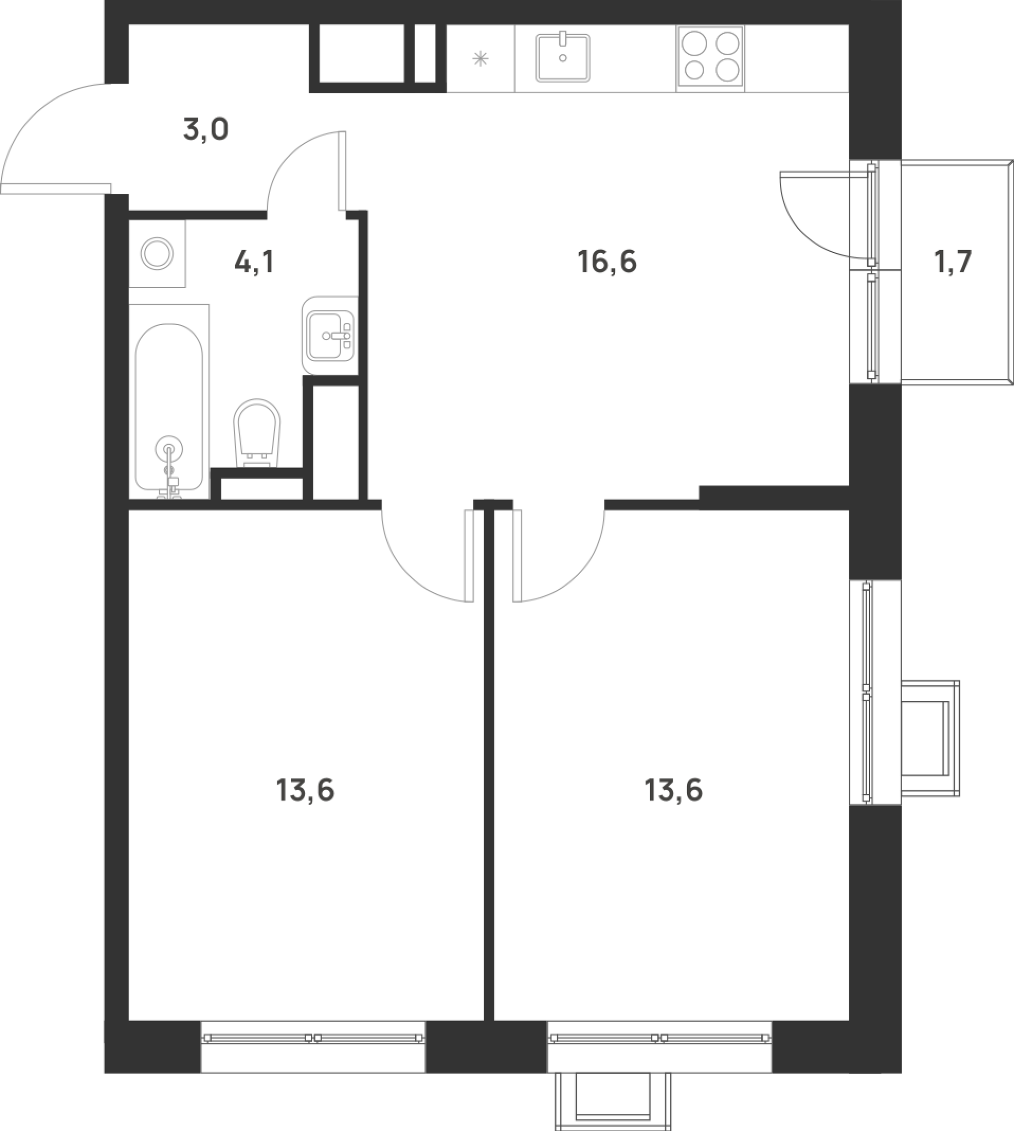 2-комн., 50.9 м², 13/17 этаж, ЖК «Форевиль»