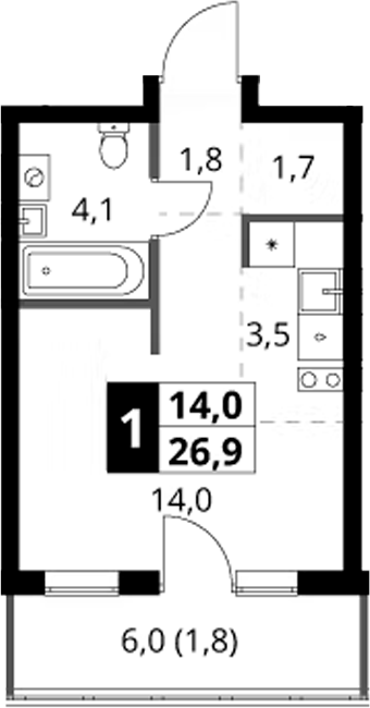 Студия, 25.1 м², 5/6 этаж, ЖК «1-й Ясеневский»