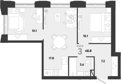 3-комн., 48.8 м², 4/33 этаж, ЖК «Страна.Заречная»
