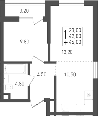 2-комн., 42.8 м², 1/8 этаж, ЖК «Югге»