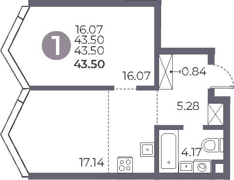 1-комн., 43.5 м², 23/27 этаж, ЖК «Мневники от Гранель»