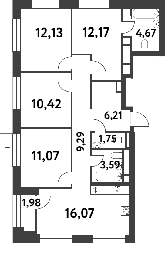 3-комн., 87.37 м², 12/16 этаж, ЖК «Смарт Гарден»