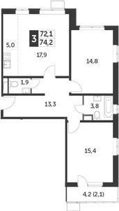 3-комн., 72.1 м², 12/20 этаж, ЖК «Южная Битца»