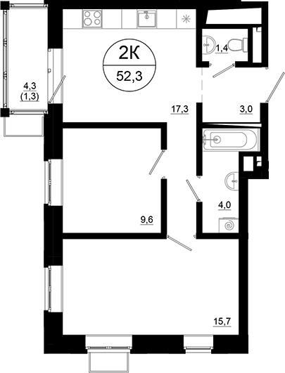 2-комн., 51 м², 13/21 этаж, ЖК «Союзный»